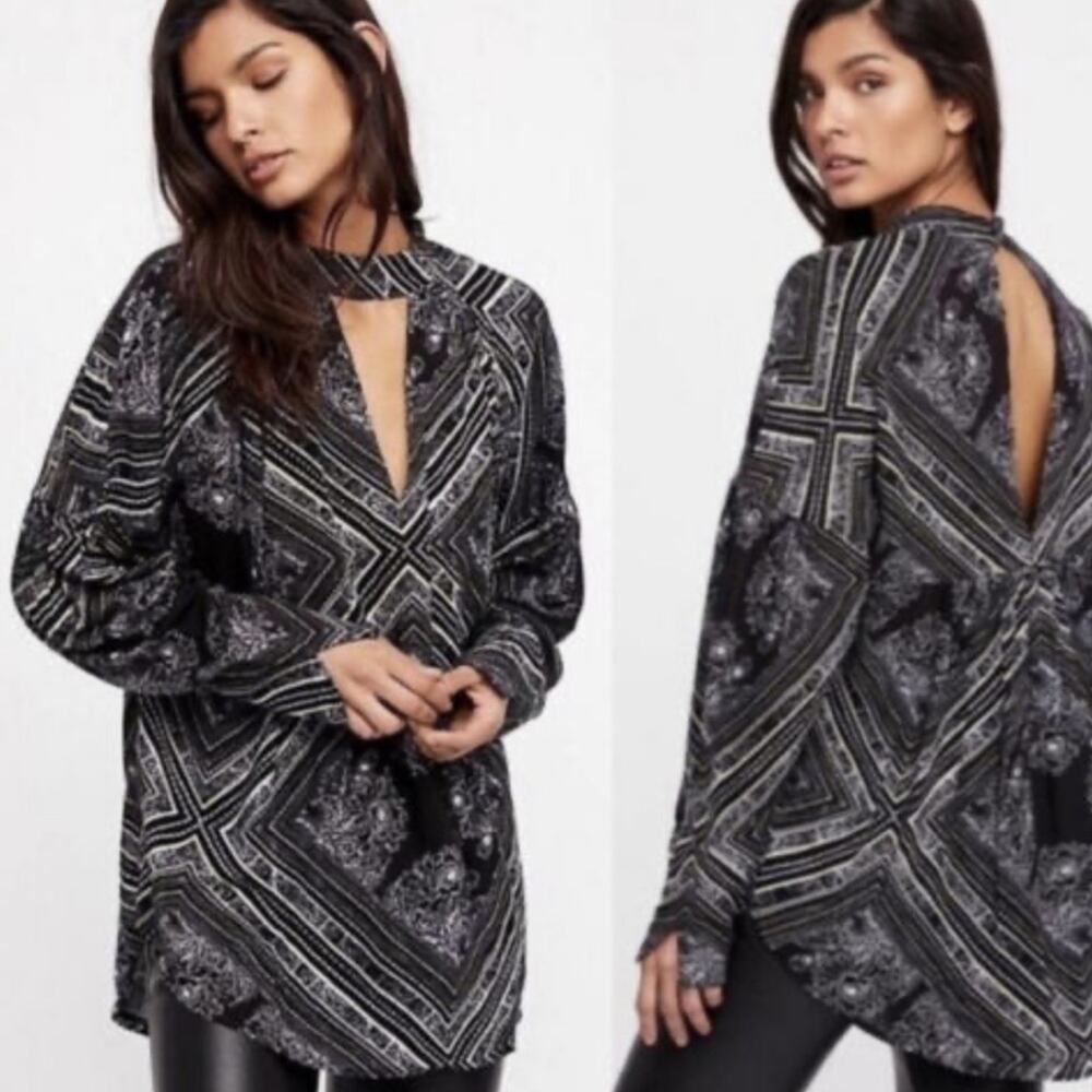 Free People Black White Walking on a Dream Tunic Boho Oversized Blouse